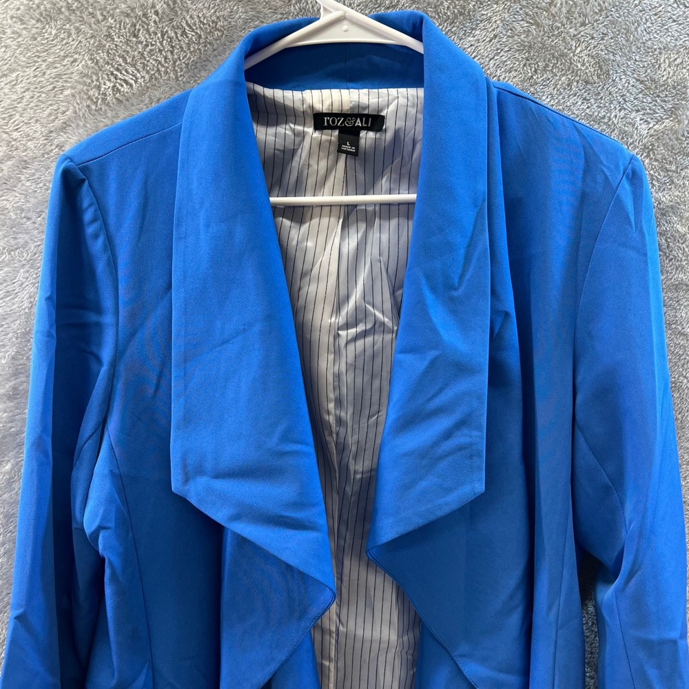 Roz & Ali Womens Royal Blue Drape Front Open Blazer Pinstripe Lining L‎ 90's